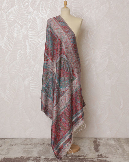 Red and Teal Paisley Silk Jacquard Dupatta with Fringed Edges – 235 X 95 Cms, India-D20310