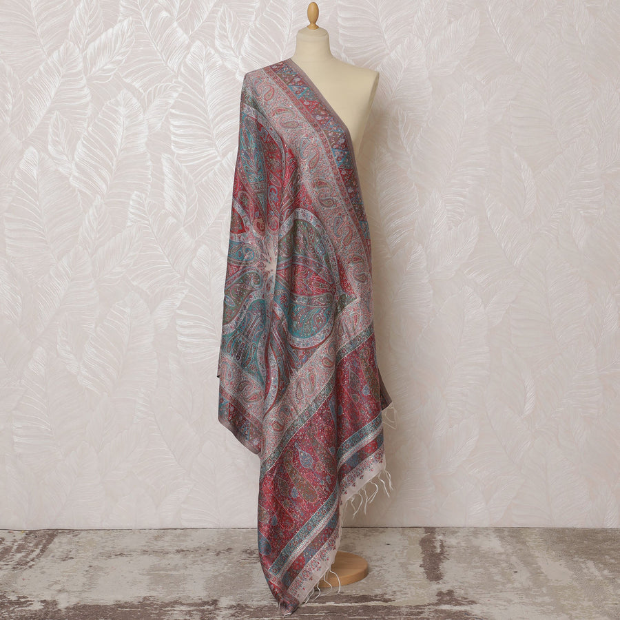 دوباتا من الحرير الأحمر والأزرق المخضر مع حواف مزينة بالشراشيب - 235 × 95 سم، الهند - D20310