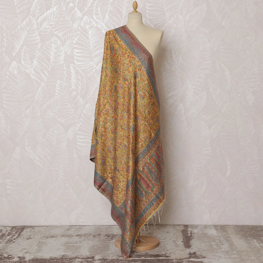 Mustard Yellow Silk Jacquard Dupatta with Multicolor Paisley and Floral Design – 235 X 95 Cms, India-D20313 Regal Fabrics