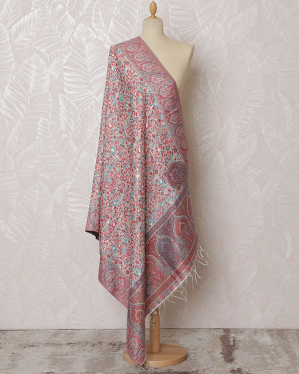 Pastel Pink and Gray Silk Jacquard Dupatta with Floral and Paisley Design – 235 X 95 Cms, India-D20314