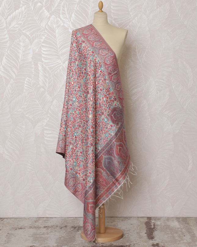 Pastel Pink and Gray Silk Jacquard Dupatta with Floral and Paisley Design – 235 X 95 Cms, India-D20314