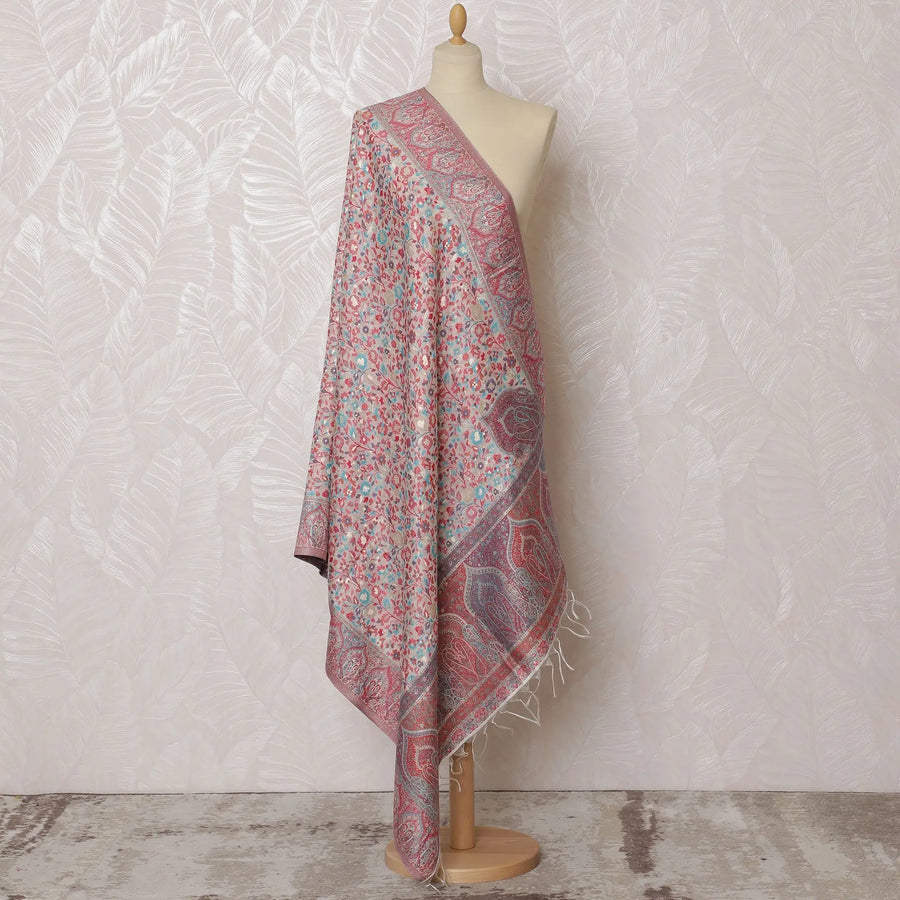Pastel Pink and Gray Silk Jacquard Dupatta with Floral and Paisley Design – 235 X 95 Cms, India-D20314 Regal Fabrics