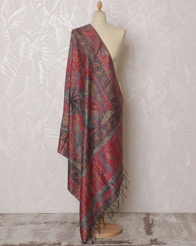 Rich Red Silk Jacquard Dupatta with Multicolor Paisley Design – 235 X 95 Cms, India-D20315