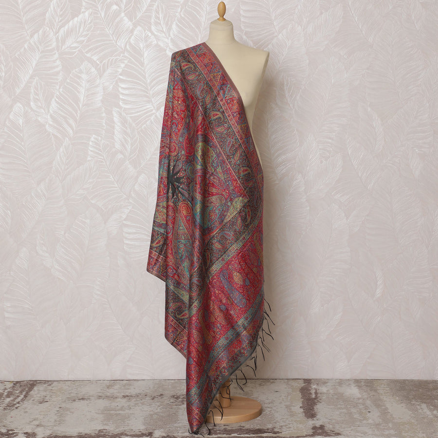 Rich Red Silk Jacquard Dupatta with Multicolor Paisley Design – 235 X 95 Cms, India-D20315
