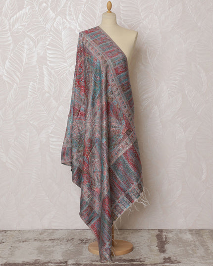 Pastel Gray and Red Silk Jacquard Dupatta with Intricate Paisley Design – 235 X 95 Cms, India-D20316