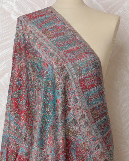 Pastel Gray and Red Silk Jacquard Dupatta with Intricate Paisley Design – 235 X 95 Cms, India-D20316