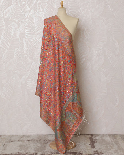 Coral Orange Silk Jacquard Dupatta with Floral and Paisley Design – 235 X 95 Cms, India-D20317