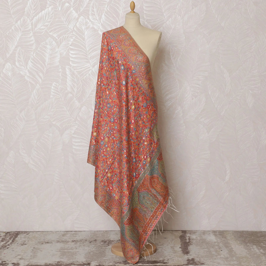 Coral Orange Silk Jacquard Dupatta with Floral and Paisley Design – 235 X 95 Cms, India-D20317 Regal Fabrics