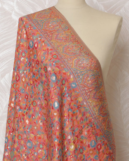 Coral Orange Silk Jacquard Dupatta with Floral and Paisley Design – 235 X 95 Cms, India-D20317