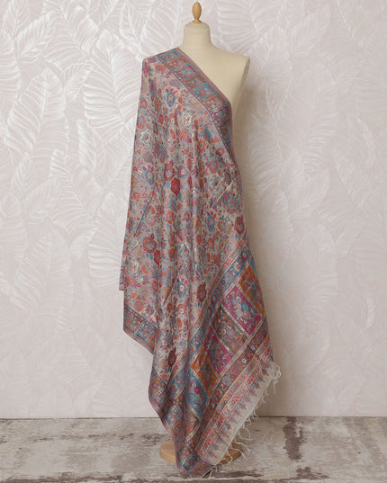 Beige Silk Jacquard Dupatta with Multicolor Floral and Geometric Design – 235 X 95 Cms, India-D20319