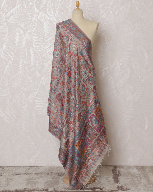 Beige Silk Jacquard Dupatta with Multicolor Floral and Geometric Design – 235 X 95 Cms, India-D20319