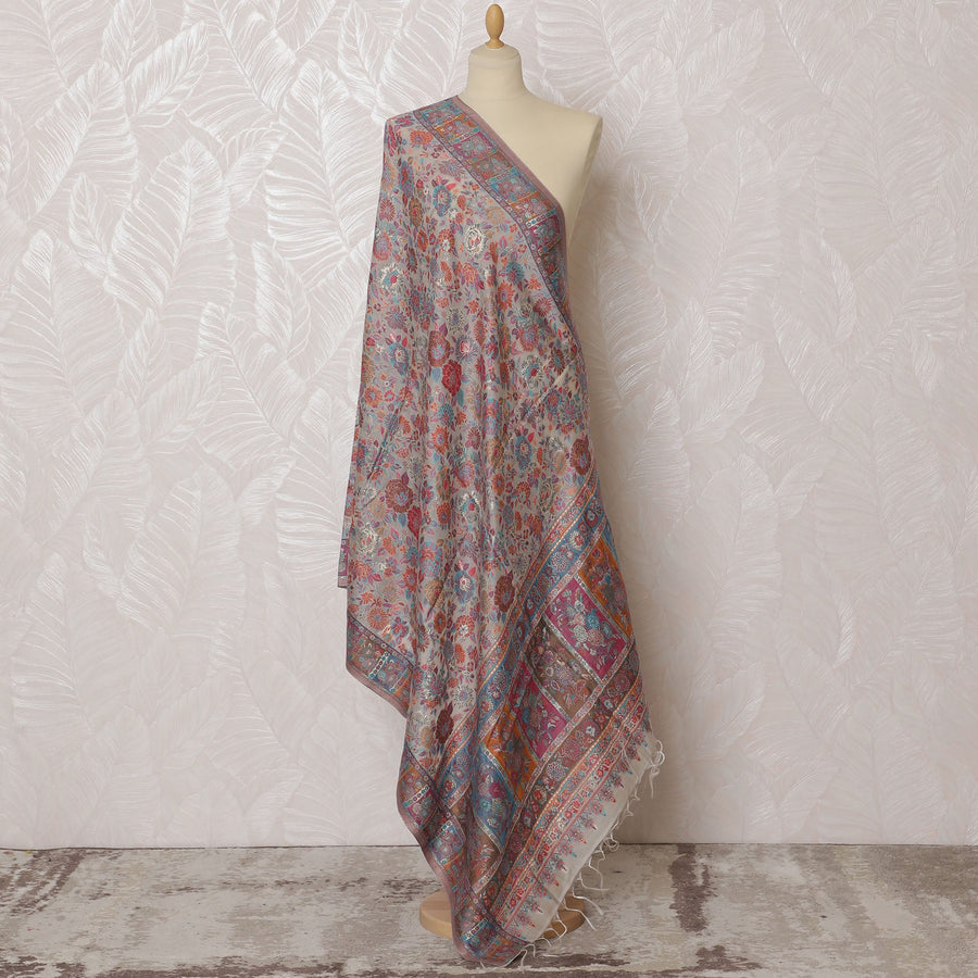 Beige Silk Jacquard Dupatta with Multicolor Floral and Geometric Design – 235 X 95 Cms, India-D20319