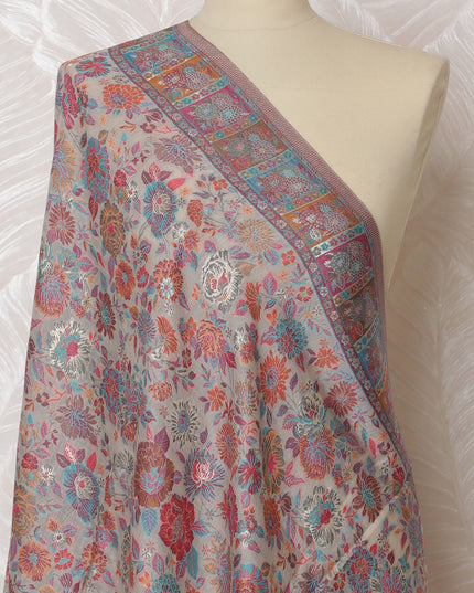 Beige Silk Jacquard Dupatta with Multicolor Floral and Geometric Design – 235 X 95 Cms, India-D20319