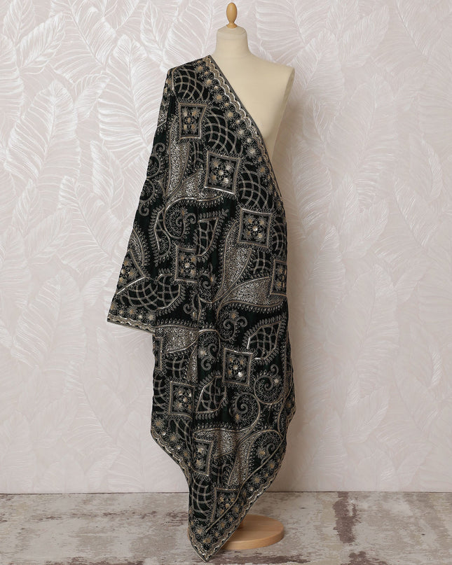 Black Silk Velvet Dupatta with Gold Embroidered Paisley and Geometric Design – 240 X 85 Cms, India-D20321