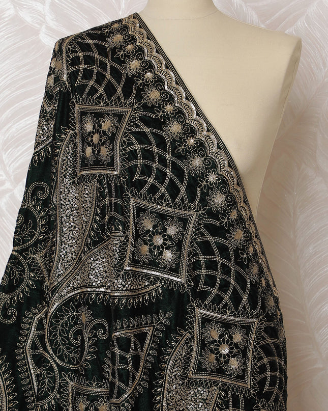 Black Silk Velvet Dupatta with Gold Embroidered Paisley and Geometric Design – 240 X 85 Cms, India-D20321