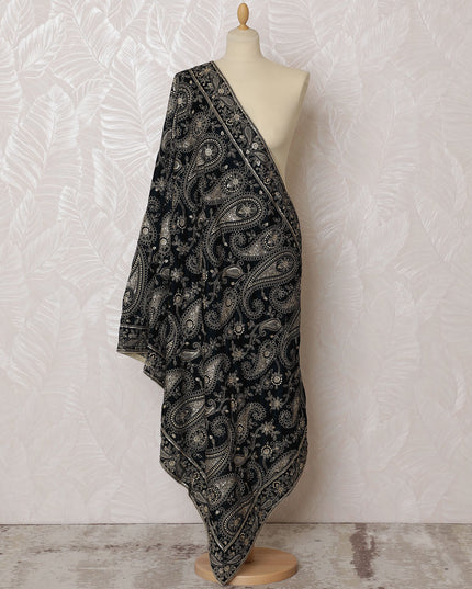 Black Silk Velvet Dupatta with Ornate Paisley Embroidery – 240 X 85 Cms, India-D20322