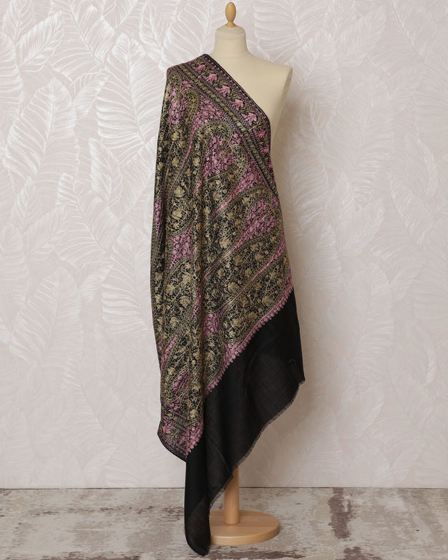 Black and Pink Pashmina Shawl Dupatta with Intricate Paisley Design – 230 x 120 Cms, India-D20323