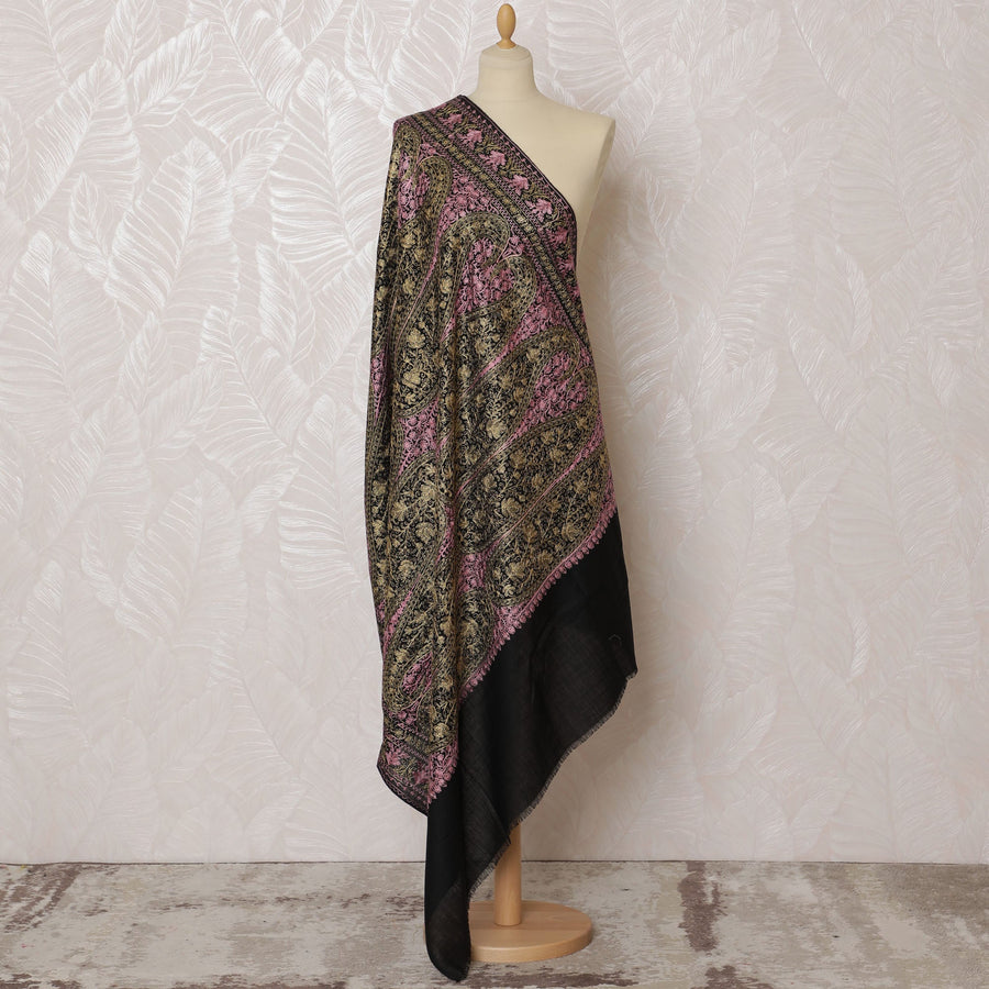 Black and Pink Pashmina Shawl Dupatta with Intricate Paisley Design – 230 x 120 Cms, India-D20323