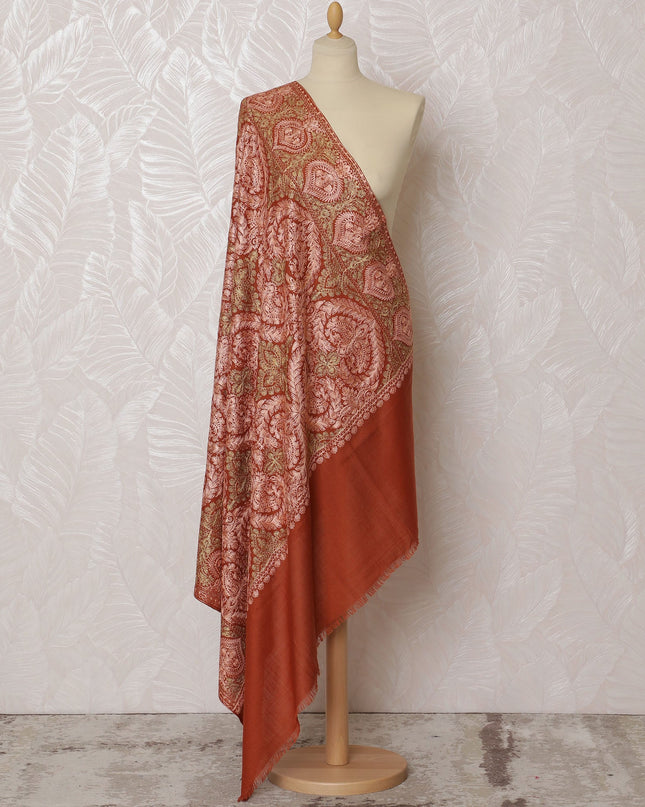 Rust and Beige Pashmina Shawl Dupatta with Intricate Floral Design – 230 x 120 Cms, India-D20325