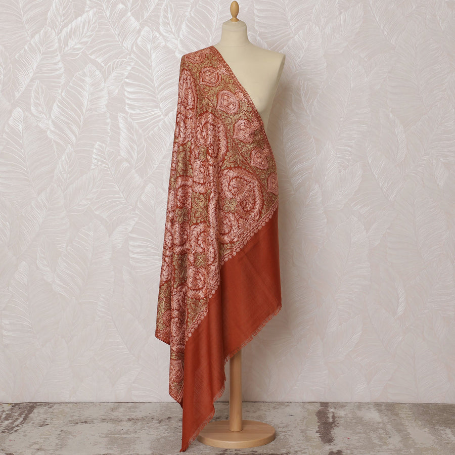 Rust and Beige Pashmina Shawl Dupatta with Intricate Floral Design – 230 x 120 Cms, India-D20325