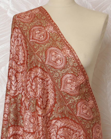 Rust and Beige Pashmina Shawl Dupatta with Intricate Floral Design – 230 x 120 Cms, India-D20325