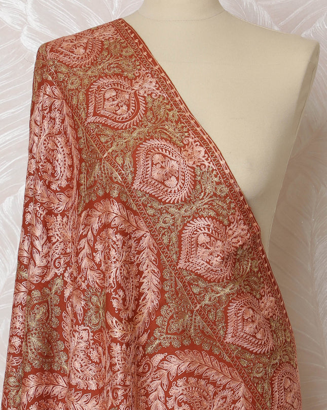 Rust and Beige Pashmina Shawl Dupatta with Intricate Floral Design – 230 x 120 Cms, India-D20325