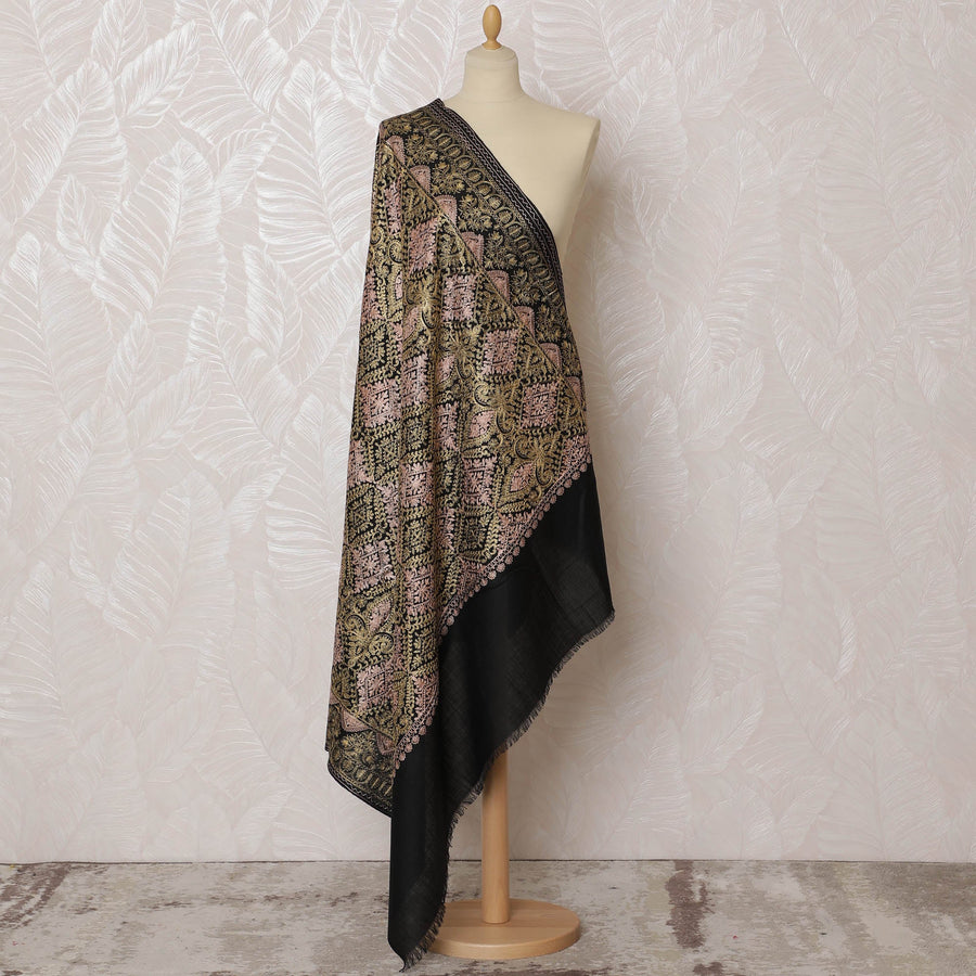 وشاح الباشمينا باللونين الأسود والوردي مع تصميم هندسي مزخرف بأزهار معقدة - 230 × 120 سم، الهند - D20326