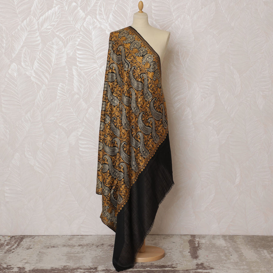 Black and Gold Pashmina Shawl Dupatta with Ornate Paisley Design – 230 x 120 Cms, India-D20327
