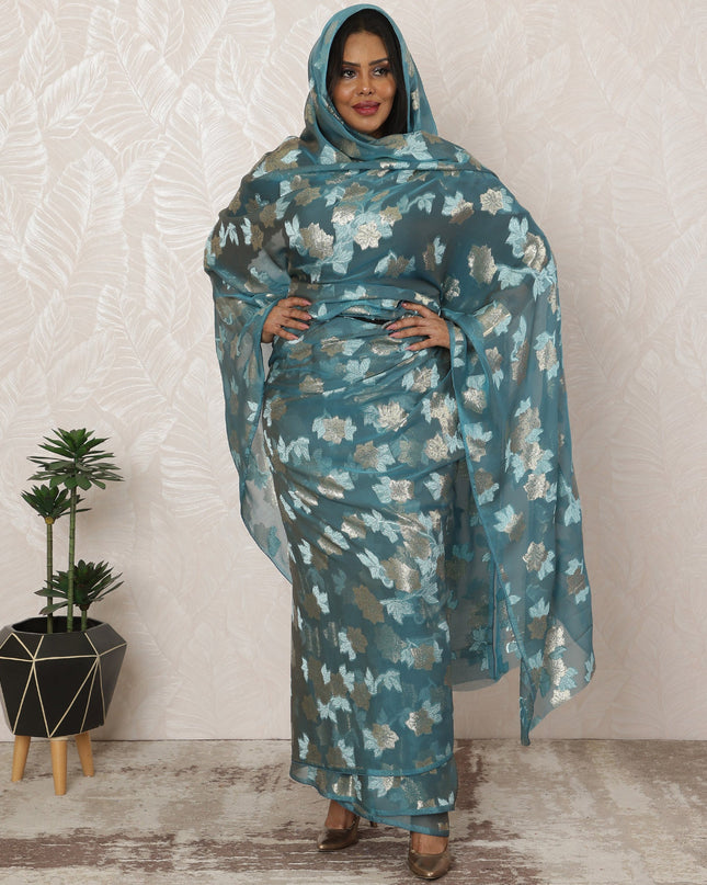 Teal Blue Sudanese Thobe Fabric in Premium Silk Chiffon (Fransawi) with Metallic Lurex, 4.5 Meters, 110 cm Width-D20369