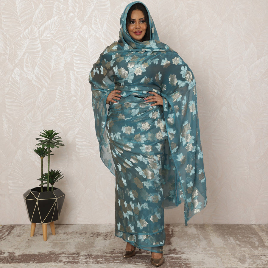 ثوب سوداني أزرق مخضر من الشيفون الحريري الفاخر (الفرنسوي) مع لوركس معدني، 4.5 متر، عرض 110 سم - D20369