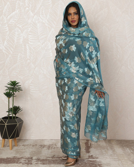 Teal Blue Sudanese Thobe Fabric in Premium Silk Chiffon (Fransawi) with Metallic Lurex, 4.5 Meters, 110 cm Width-D20369