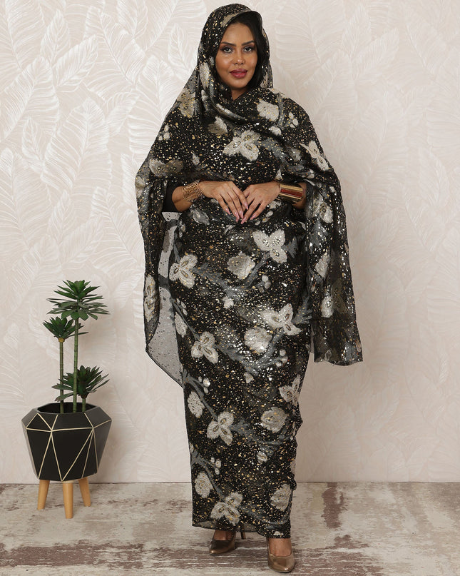 Black and Gold Sudanese Thobe Fabric in Premium Silk Chiffon (Fransawi) with Metallic Lurex and Foil, 4.5 Meters, 110 cm Width-D20370