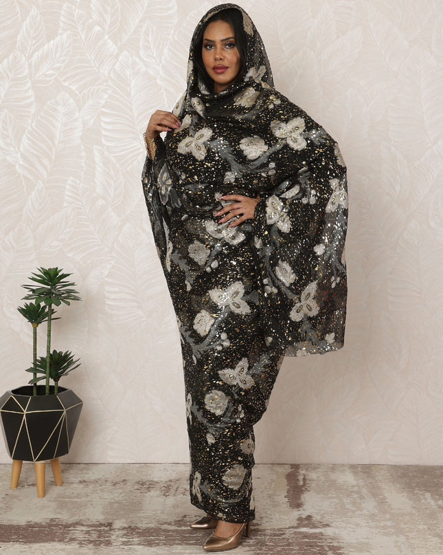 Black and Gold Sudanese Thobe Fabric in Premium Silk Chiffon (Fransawi) with Metallic Lurex and Foil, 4.5 Meters, 110 cm Width-D20370