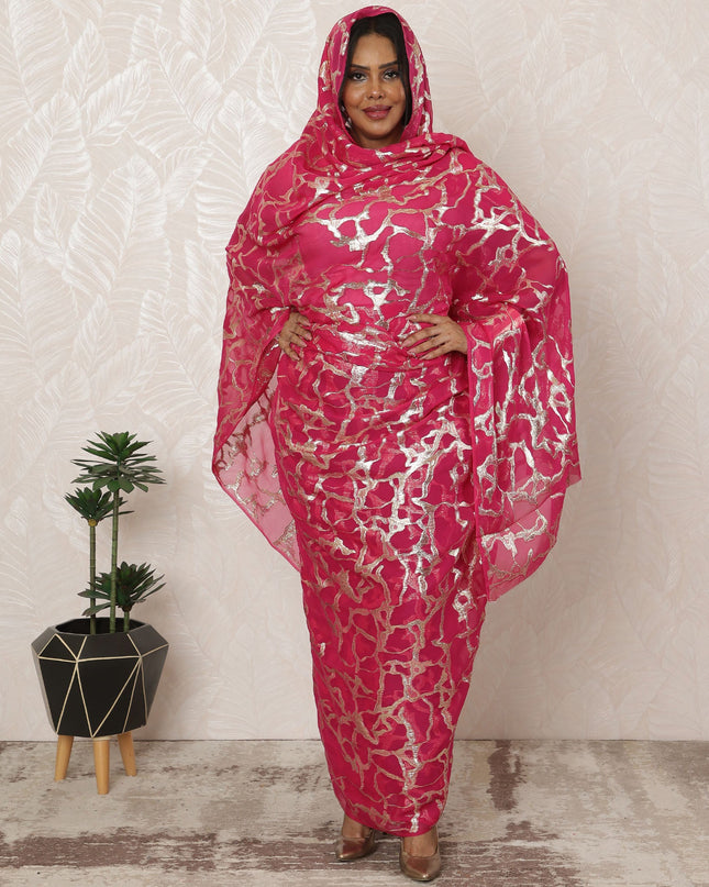 Hot Pink Sudanese Thobe Fabric in Premium Silk Chiffon with metallic lurex, 4.5 Meters, 110 cm Width-D20373