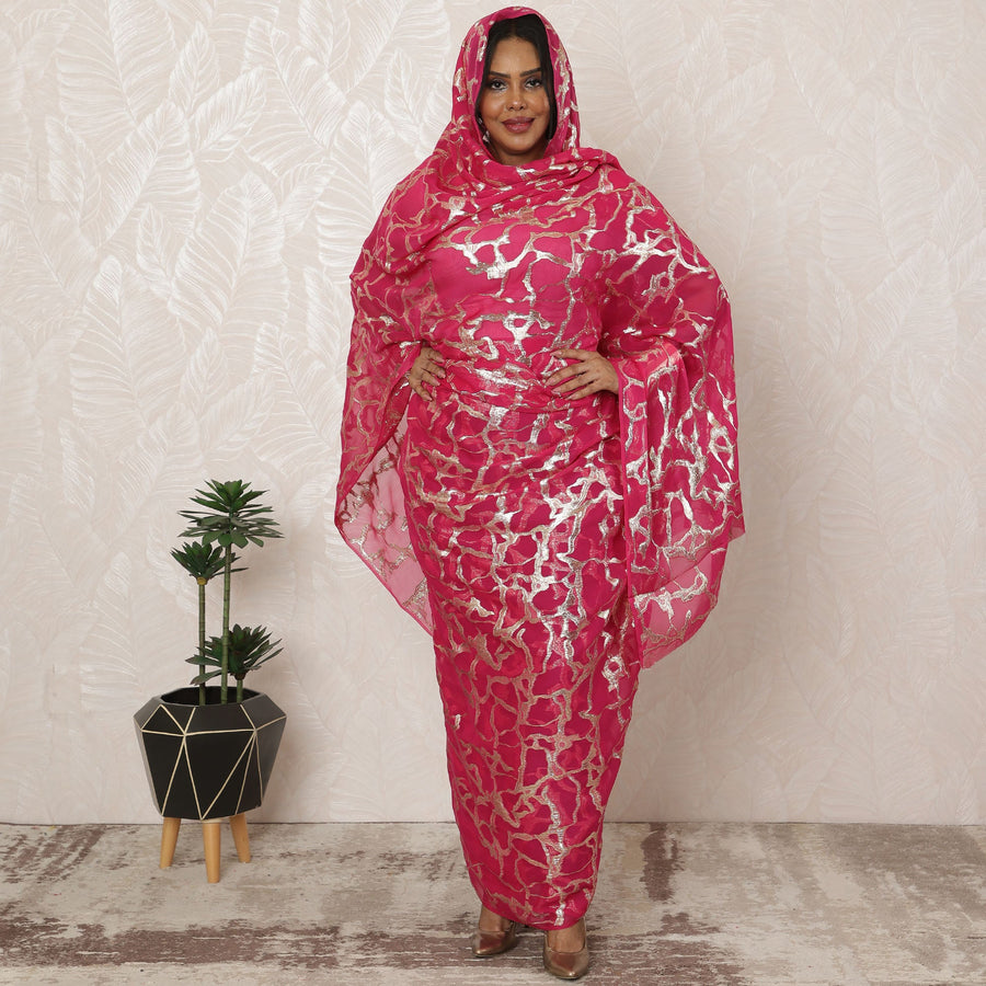 Hot Pink Sudanese Thobe Fabric in Premium Silk Chiffon with metallic lurex, 4.5 Meters, 110 cm Width-D20373