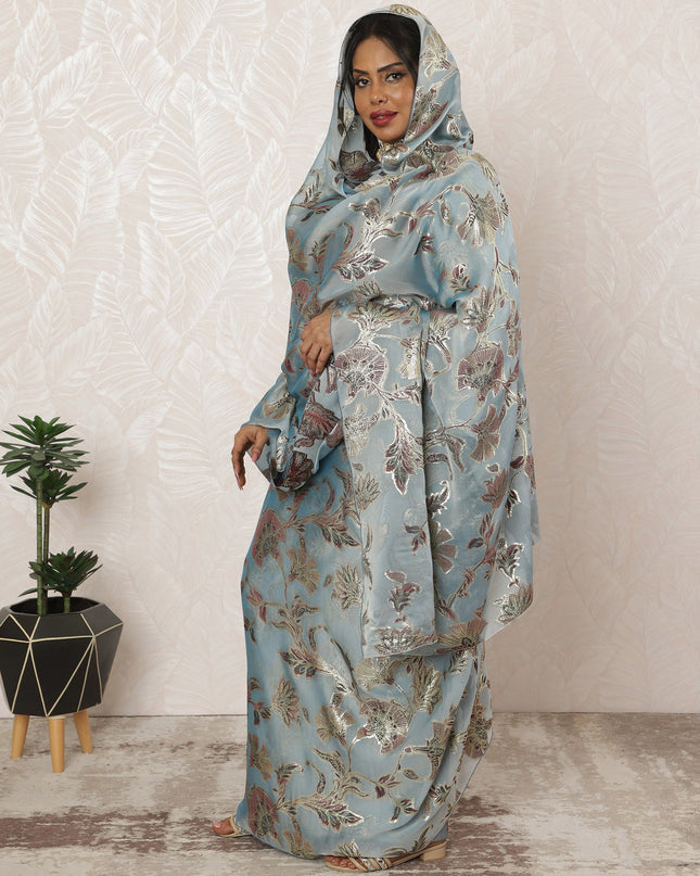 Powder Blue Sudanese Thobe Fabric in Premium Silk Chiffon (Fransawi) with Metallic Lurex, 4.5 Meters, 110 cm Width-D20425