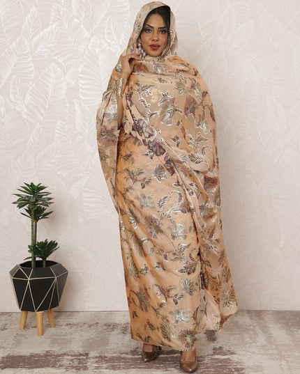 Apricot Beige Sudanese Thobe Fabric in Premium Silk Chiffon (Fransawi) with Metallic Lurex, 4.5 Meters, 110 cm Width-D20426