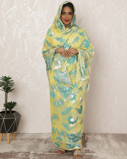 Lemon Yellow Sudanese Thobe Fabric in Premium Silk Chiffon (Fransawi) with Metallic Lurex, 4.5 Meters, 110 cm Width-D20427