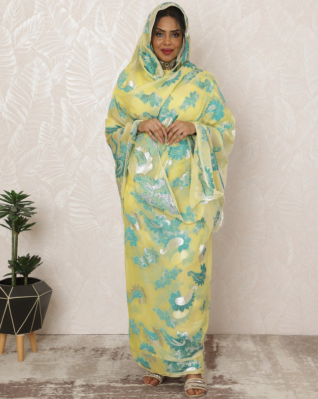 Lemon Yellow Sudanese Thobe Fabric in Premium Silk Chiffon (Fransawi) with Metallic Lurex, 4.5 Meters, 110 cm Width-D20427