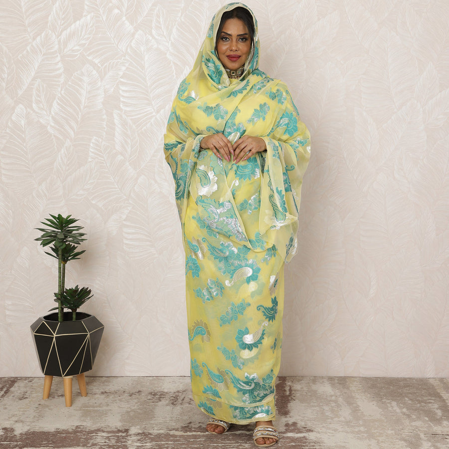 Lemon Yellow Sudanese Thobe Fabric in Premium Silk Chiffon (Fransawi) with Metallic Lurex, 4.5 Meters, 110 cm Width-D20427
