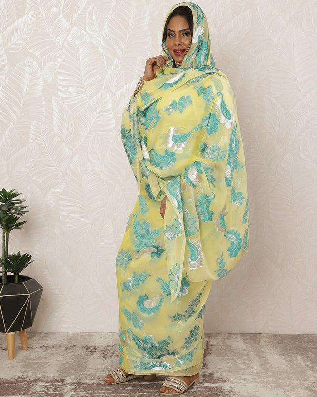 Lemon Yellow Sudanese Thobe Fabric in Premium Silk Chiffon (Fransawi) with Metallic Lurex, 4.5 Meters, 110 cm Width-D20427