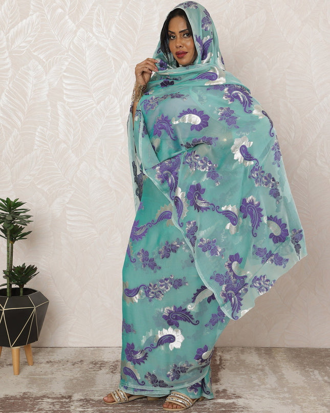 Sea Green Sudanese Thobe Fabric in Premium Silk Chiffon (Fransawi) with Metallic Lurex, 4.5 Meters, 110 cm Width-D20428