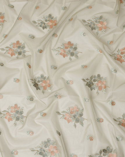 Elegant Lauren green Silk Organza Fabric with Delicate Floral Embroidery, 110 cm Width-D20429