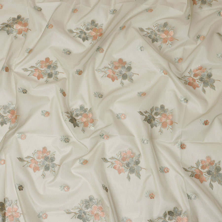 قماش أورجانزا حرير لورين الأخضر الأنيق مع تطريز زهري رقيق، عرض 110 سم - D20429