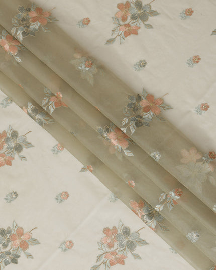 Elegant Lauren green Silk Organza Fabric with Delicate Floral Embroidery, 110 cm Width-D20429