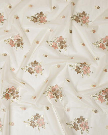 Ivory Silk Organza Fabric with Pink and Brown Floral Embroidery, 110 cm Width-D20430