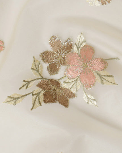 Ivory Silk Organza Fabric with Pink and Brown Floral Embroidery, 110 cm Width-D20430