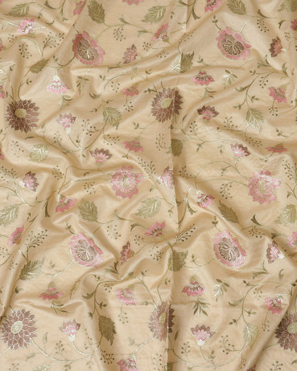 Brown Cotton Silk Fabric with Pink and Green Floral Embroidery, 110 cm Width-D20431