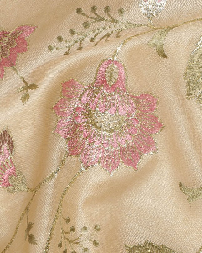 Brown Cotton Silk Fabric with Pink and Green Floral Embroidery, 110 cm Width-D20431