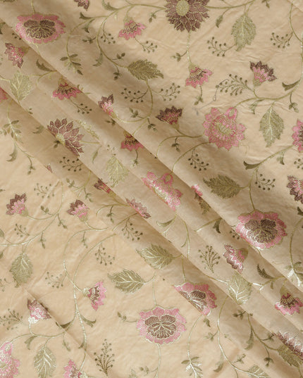 Brown Cotton Silk Fabric with Pink and Green Floral Embroidery, 110 cm Width-D20431